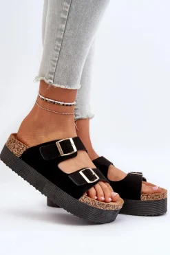 Klapki Korkowe|Klapki Damskie Klasyczne>Boto Damskie Klapki Na Platformie Z Klamrami Czarne Lolpey