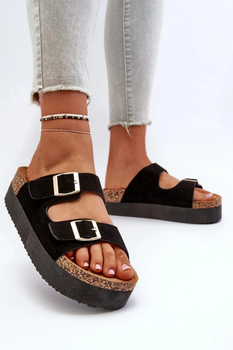 Klapki Korkowe|Klapki Damskie Klasyczne>Boto Damskie Klapki Na Platformie Z Klamrami Czarne Lolpey