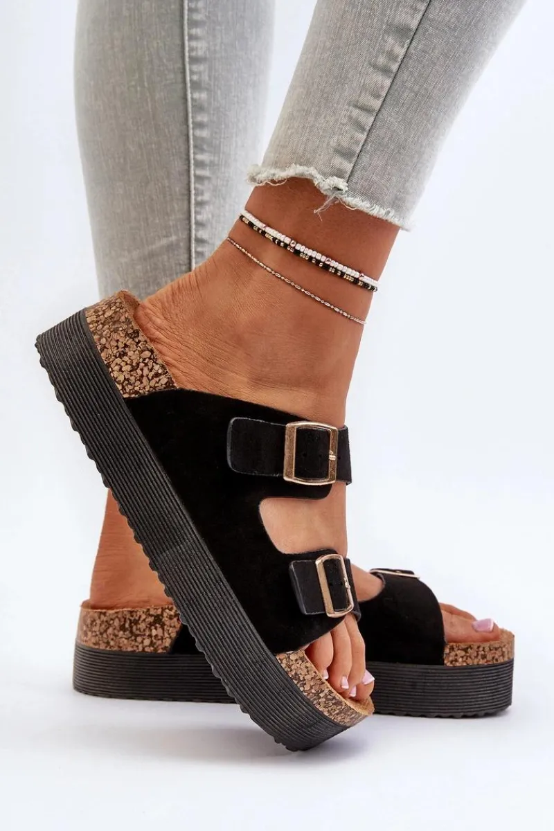 Klapki Korkowe|Klapki Damskie Klasyczne>Boto Damskie Klapki Na Platformie Z Klamrami Czarne Lolpey