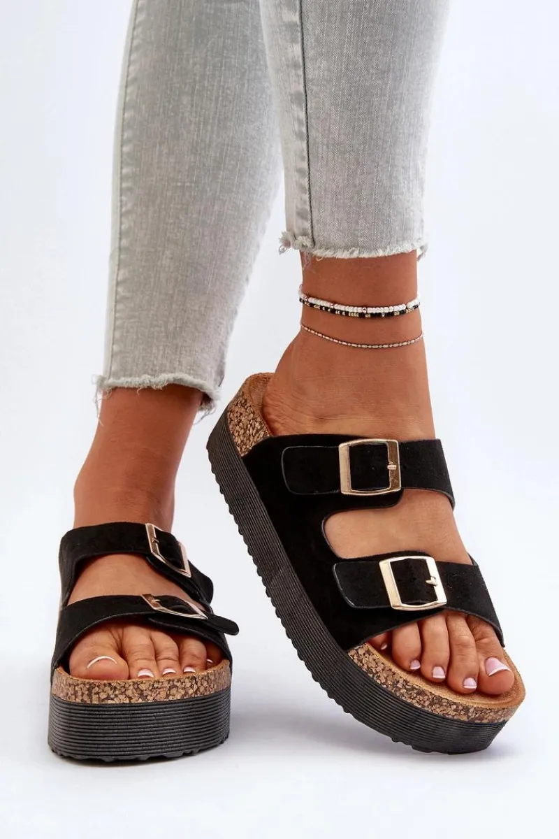 Klapki Korkowe|Klapki Damskie Klasyczne>Boto Damskie Klapki Na Platformie Z Klamrami Czarne Lolpey