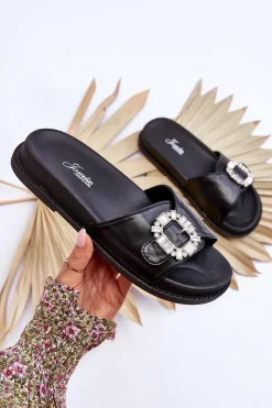 Best Damskie Klapki Na Platformie Z Ozdobą Czarne Beneca Damskie Klapki Na Platformie