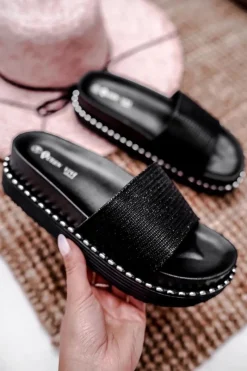 Discount Damskie Klapki na Platformie Czarne Srebrne Venima Damskie Klapki Na Platformie|Klapki Damskie Klasyczne