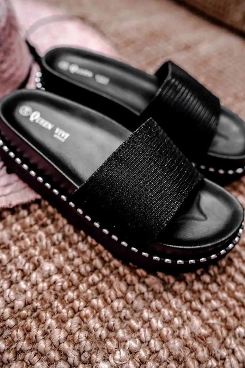 Discount Damskie Klapki na Platformie Czarne Srebrne Venima Damskie Klapki Na Platformie|Klapki Damskie Klasyczne