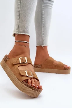 Best Boto Damskie Klapki Na Platformie Z Klamrami Camel Lolpey