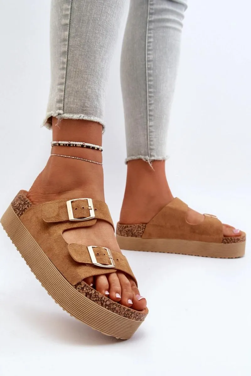 Best Boto Damskie Klapki Na Platformie Z Klamrami Camel Lolpey