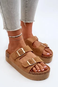 Best Boto Damskie Klapki Na Platformie Z Klamrami Camel Lolpey