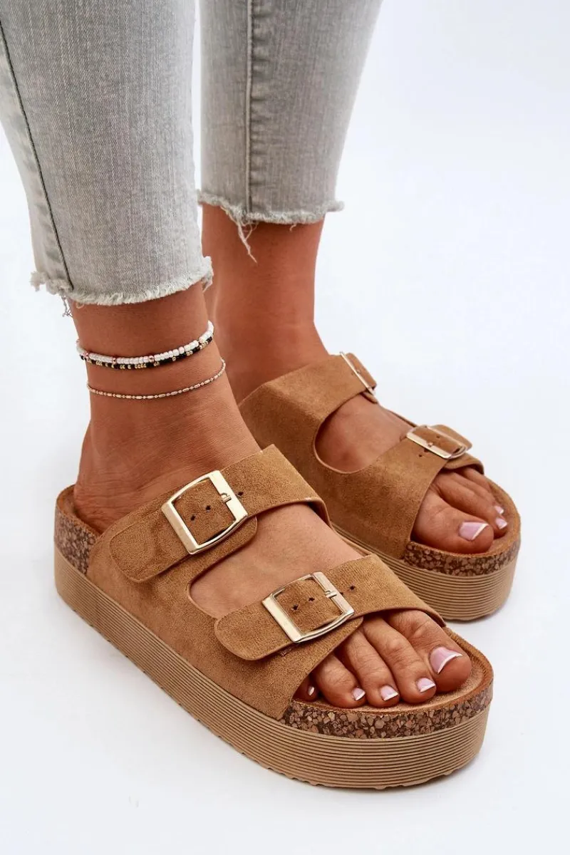 Best Boto Damskie Klapki Na Platformie Z Klamrami Camel Lolpey