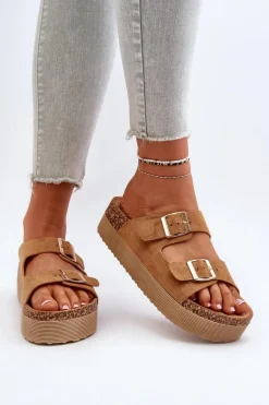 Best Boto Damskie Klapki Na Platformie Z Klamrami Camel Lolpey