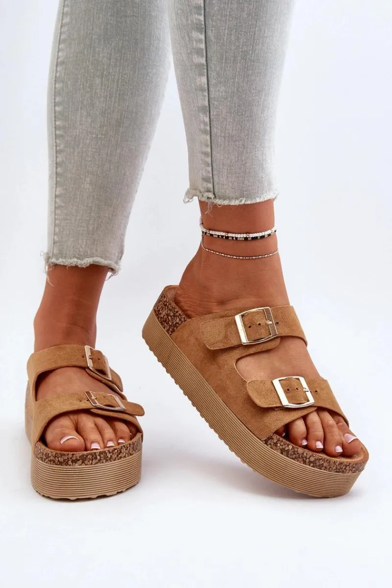 Best Boto Damskie Klapki Na Platformie Z Klamrami Camel Lolpey