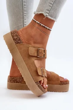 Best Boto Damskie Klapki Na Platformie Z Klamrami Camel Lolpey