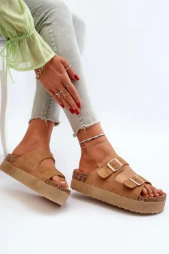 Best Boto Damskie Klapki Na Platformie Z Klamrami Camel Lolpey