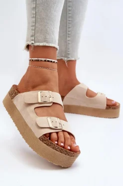 Discount Boto Damskie Klapki Na Platformie Z Klamrami Beżowe Lolpey Beżowy