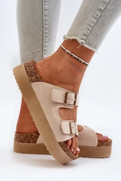 Discount Boto Damskie Klapki Na Platformie Z Klamrami Beżowe Lolpey Beżowy