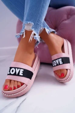Best Boto Damskie Klapki Na Platformie Z Dżetami Love Różowe MoreLove