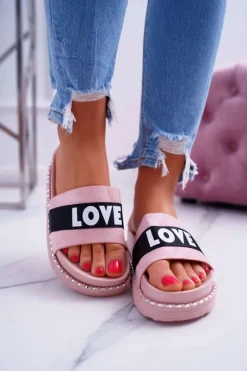 Best Boto Damskie Klapki Na Platformie Z Dżetami Love Różowe MoreLove