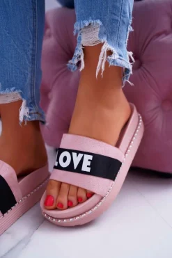 Best Boto Damskie Klapki Na Platformie Z Dżetami Love Różowe MoreLove