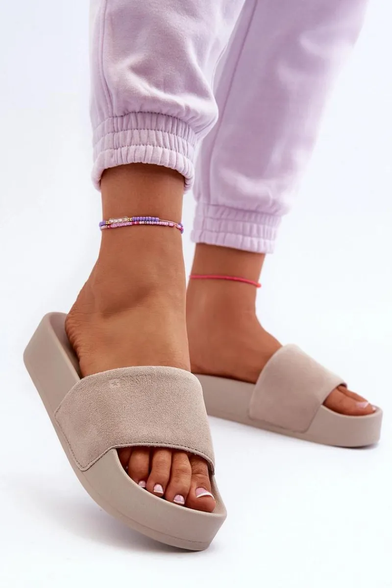 Big Star Shoes Damskie Klapki Na Platformie Zamszowe Big Star NN274A671 Beżowe Beżowy