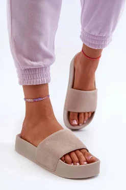 Big Star Shoes Damskie Klapki Na Platformie Zamszowe Big Star NN274A671 Beżowe Beżowy