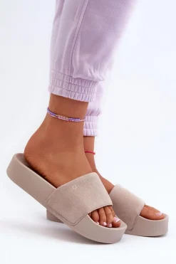 Big Star Shoes Damskie Klapki Na Platformie Zamszowe Big Star NN274A671 Beżowe Beżowy