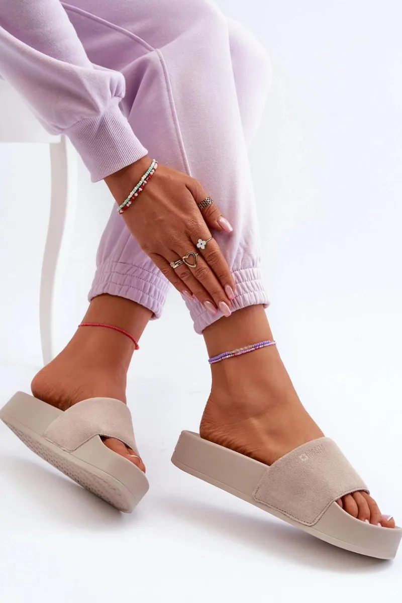 Big Star Shoes Damskie Klapki Na Platformie Zamszowe Big Star NN274A671 Beżowe Beżowy