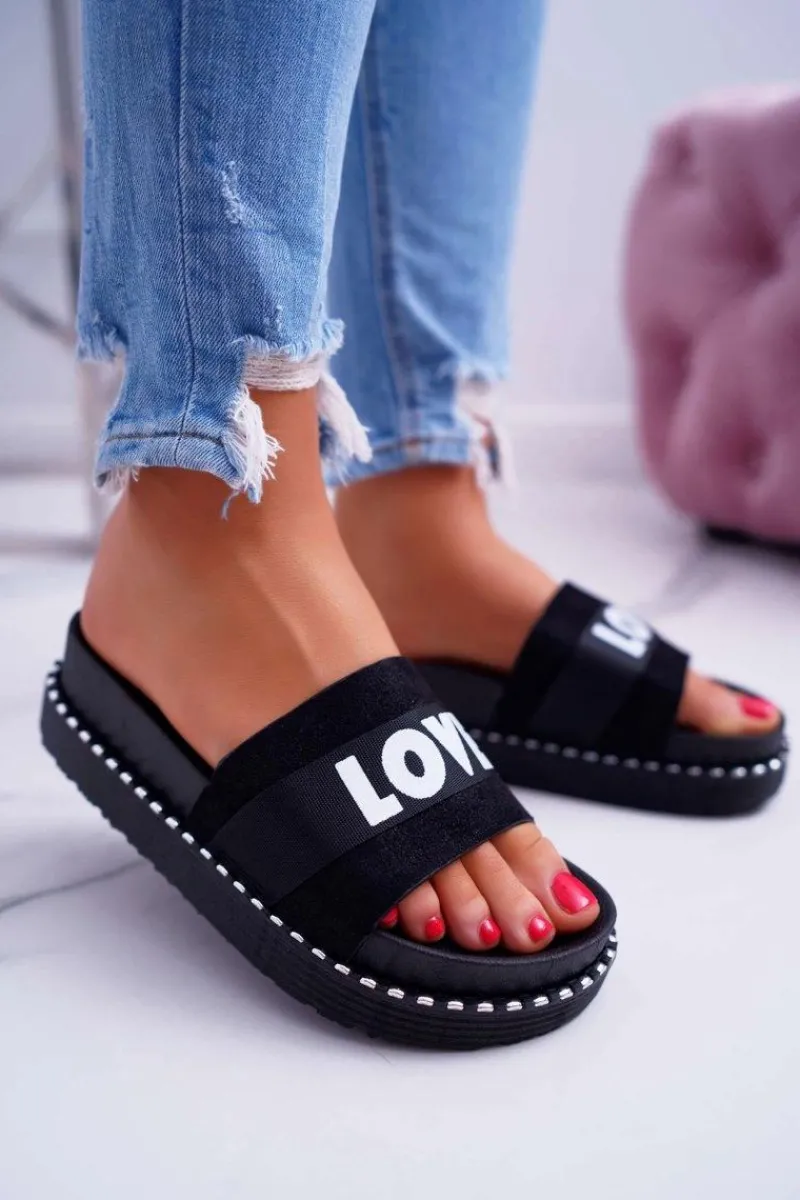 Clearance Damskie Klapki Na Platformie Z Dżetami Love Czarne MoreLove Damskie Klapki Na Platformie|Klapki Damskie Klasyczne