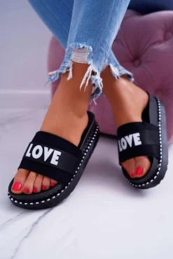 Clearance Damskie Klapki Na Platformie Z Dżetami Love Czarne MoreLove Damskie Klapki Na Platformie|Klapki Damskie Klasyczne