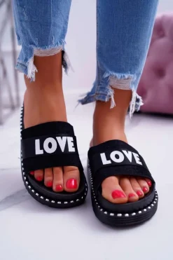 Clearance Damskie Klapki Na Platformie Z Dżetami Love Czarne MoreLove Damskie Klapki Na Platformie|Klapki Damskie Klasyczne