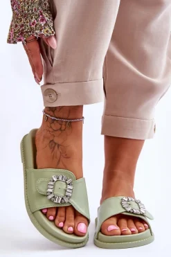 Outlet Boto Damskie Klapki Na Platformie Z Ozdobą Zielone Beneca