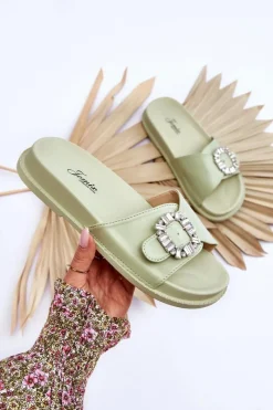 Outlet Boto Damskie Klapki Na Platformie Z Ozdobą Zielone Beneca