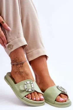 Outlet Boto Damskie Klapki Na Platformie Z Ozdobą Zielone Beneca