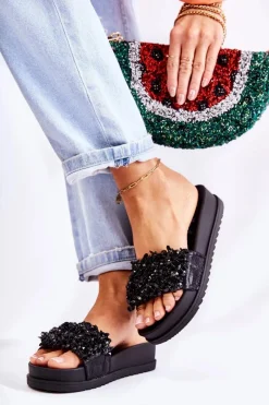 Clearance Damskie Klapki Na Platformie Z Ozdobami Czarne Almina Damskie Klapki Na Koturnie|Klapki Na Obcasie