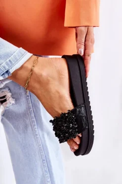 Clearance Damskie Klapki Na Platformie Z Ozdobami Czarne Almina Damskie Klapki Na Koturnie|Klapki Na Obcasie