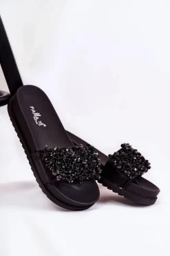 Clearance Damskie Klapki Na Platformie Z Ozdobami Czarne Almina Damskie Klapki Na Koturnie|Klapki Na Obcasie