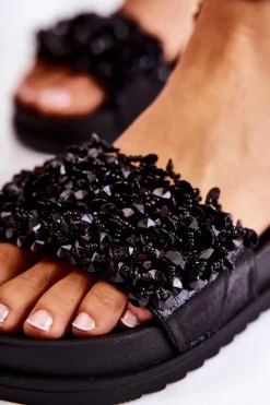 Clearance Damskie Klapki Na Platformie Z Ozdobami Czarne Almina Damskie Klapki Na Koturnie|Klapki Na Obcasie