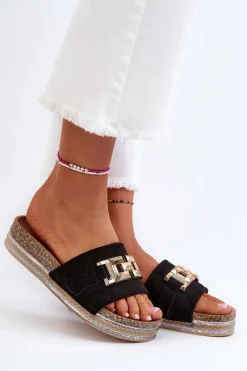 Boto Damskie Klapki Na Platformie Z Ozdobą Czarne Vapireta