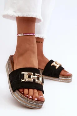 Boto Damskie Klapki Na Platformie Z Ozdobą Czarne Vapireta