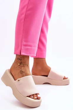 Online Evento Damskie Klapki Na Platformie Beżowe Carmela