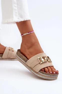 Damskie Klapki Na Platformie Z Ozdobą Beżowe Vapireta Damskie Klapki Na Platformie|Klapki Damskie Klasyczne