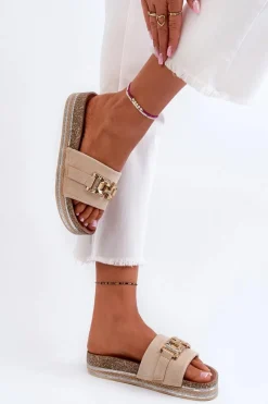 Damskie Klapki Na Platformie Z Ozdobą Beżowe Vapireta Damskie Klapki Na Platformie|Klapki Damskie Klasyczne