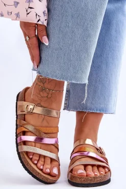 Outlet Damskie Klapki Na Platformie Z Paskami Złote Clover Damskie Klapki Na Platformie|Klapki Damskie Klasyczne