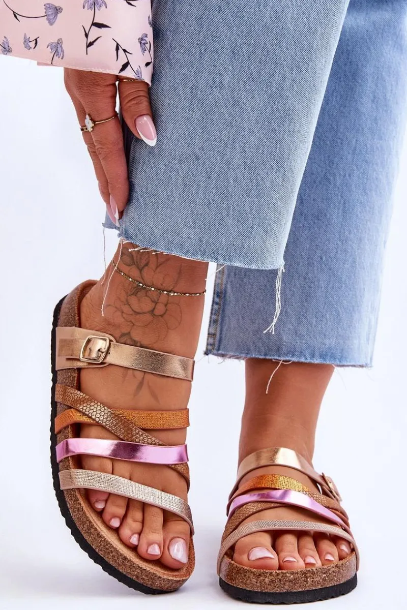 Outlet Damskie Klapki Na Platformie Z Paskami Złote Clover Damskie Klapki Na Platformie|Klapki Damskie Klasyczne