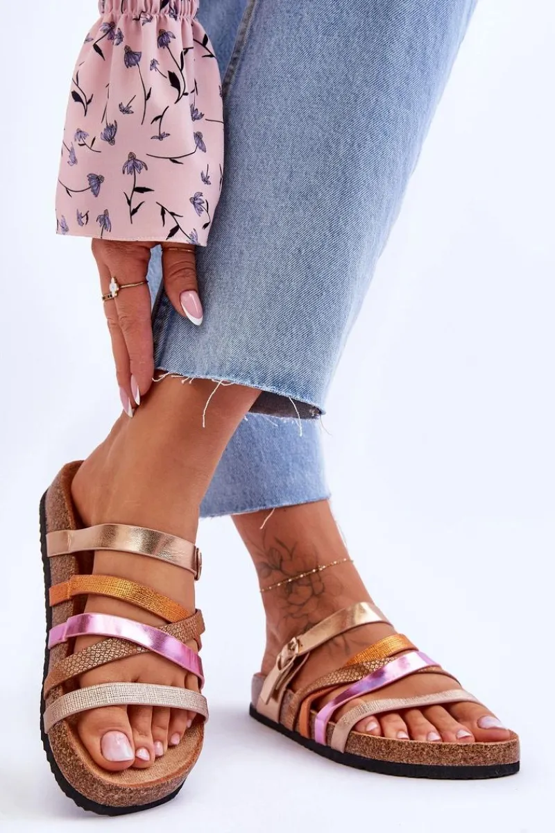 Outlet Damskie Klapki Na Platformie Z Paskami Złote Clover Damskie Klapki Na Platformie|Klapki Damskie Klasyczne