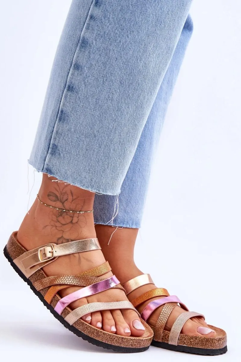 Outlet Damskie Klapki Na Platformie Z Paskami Złote Clover Damskie Klapki Na Platformie|Klapki Damskie Klasyczne