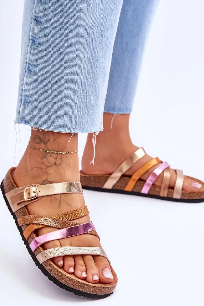 Outlet Damskie Klapki Na Platformie Z Paskami Złote Clover Damskie Klapki Na Platformie|Klapki Damskie Klasyczne