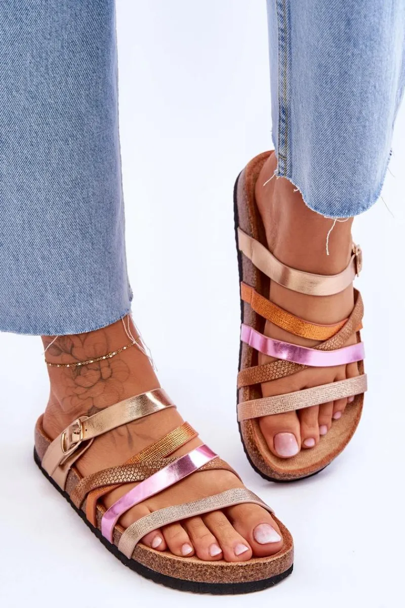 Outlet Damskie Klapki Na Platformie Z Paskami Złote Clover Damskie Klapki Na Platformie|Klapki Damskie Klasyczne