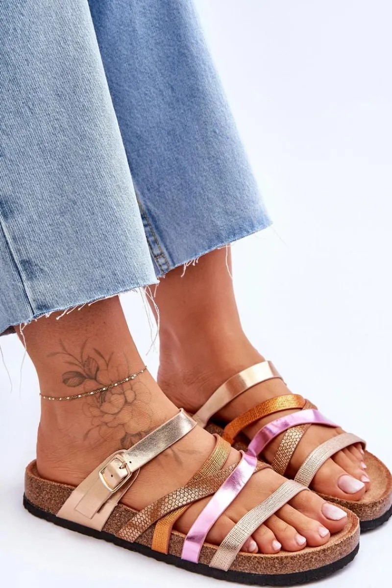 Outlet Damskie Klapki Na Platformie Z Paskami Złote Clover Damskie Klapki Na Platformie|Klapki Damskie Klasyczne