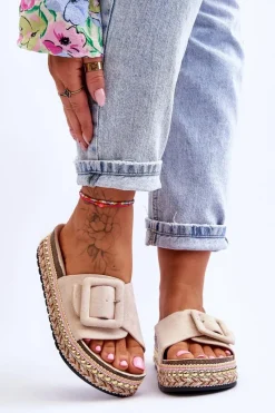 Klapki Na Platformie>Boto Damskie Klapki Na Zdobionej Platformie Beżowe Joyce