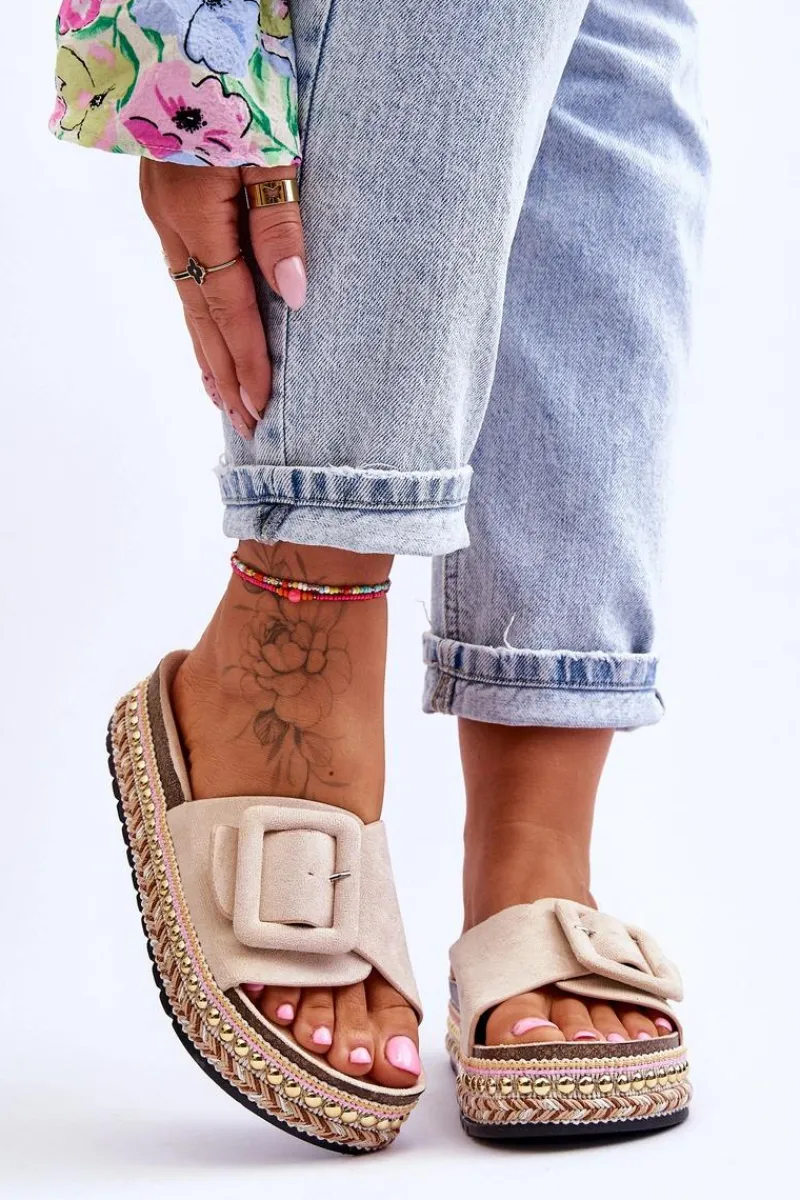 Klapki Na Platformie>Boto Damskie Klapki Na Zdobionej Platformie Beżowe Joyce