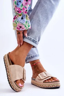 Klapki Na Platformie>Boto Damskie Klapki Na Zdobionej Platformie Beżowe Joyce