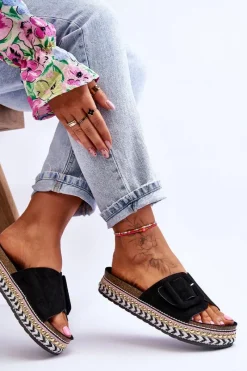 Online Damskie Klapki Na Zdobionej Platformie Czarne Joyce Damskie Klapki Na Platformie